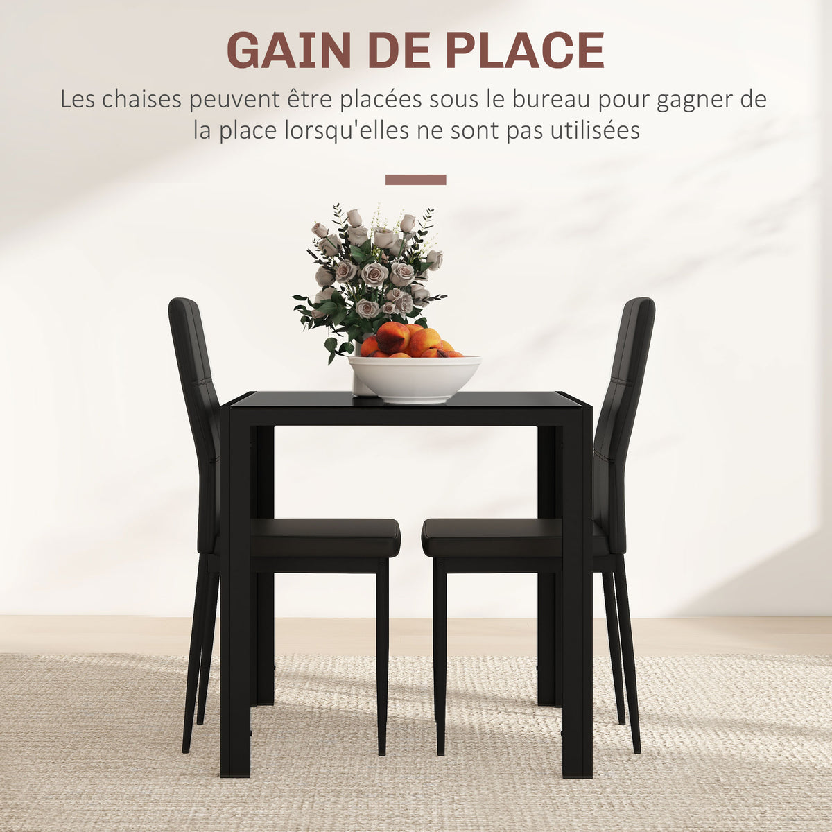 Ensemble table à manger et chaises pour 2 personnes, plateau rectangulaire en verre, pour cuisine salon maison, noir-3
