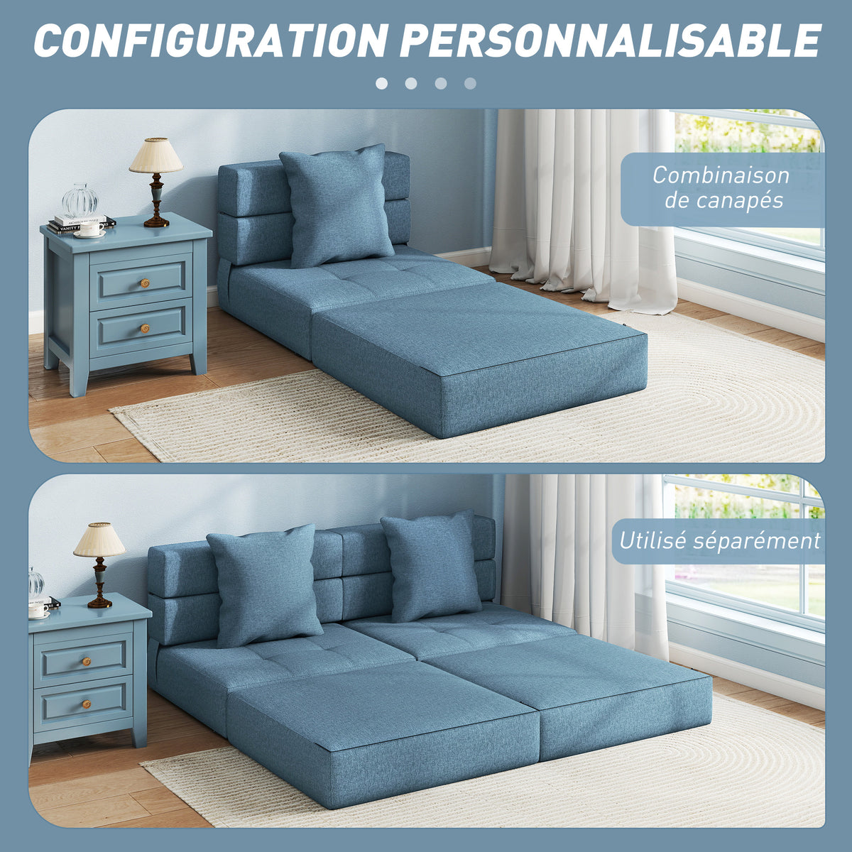 Chauffeuse canapé-lit convertible fauteuil 1 place avec 1 coussin déhoussable, tissu bleu foncé-6