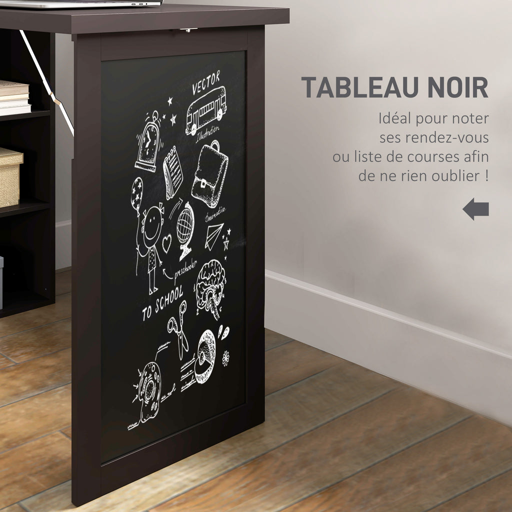 Bureau avec rangement pliable murale rabattable avec bibliothèque poste de travail tableau à craie et étagère réglable-6