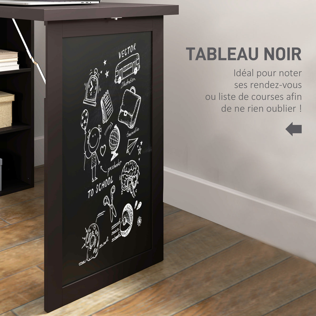 Bureau avec rangement pliable murale rabattable avec bibliothèque poste de travail tableau à craie et étagère réglable-6