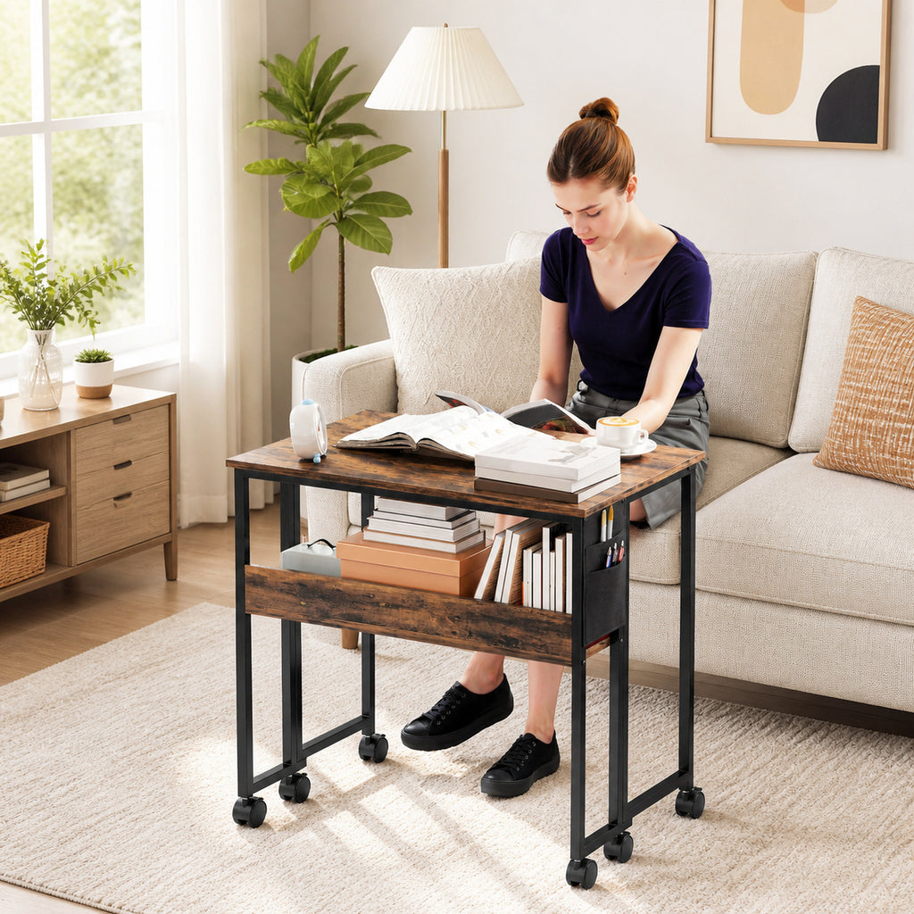 Bureau pliable sur roulettes 80 x 50 cm avec étagère et sac de rangement, brun rustique-8