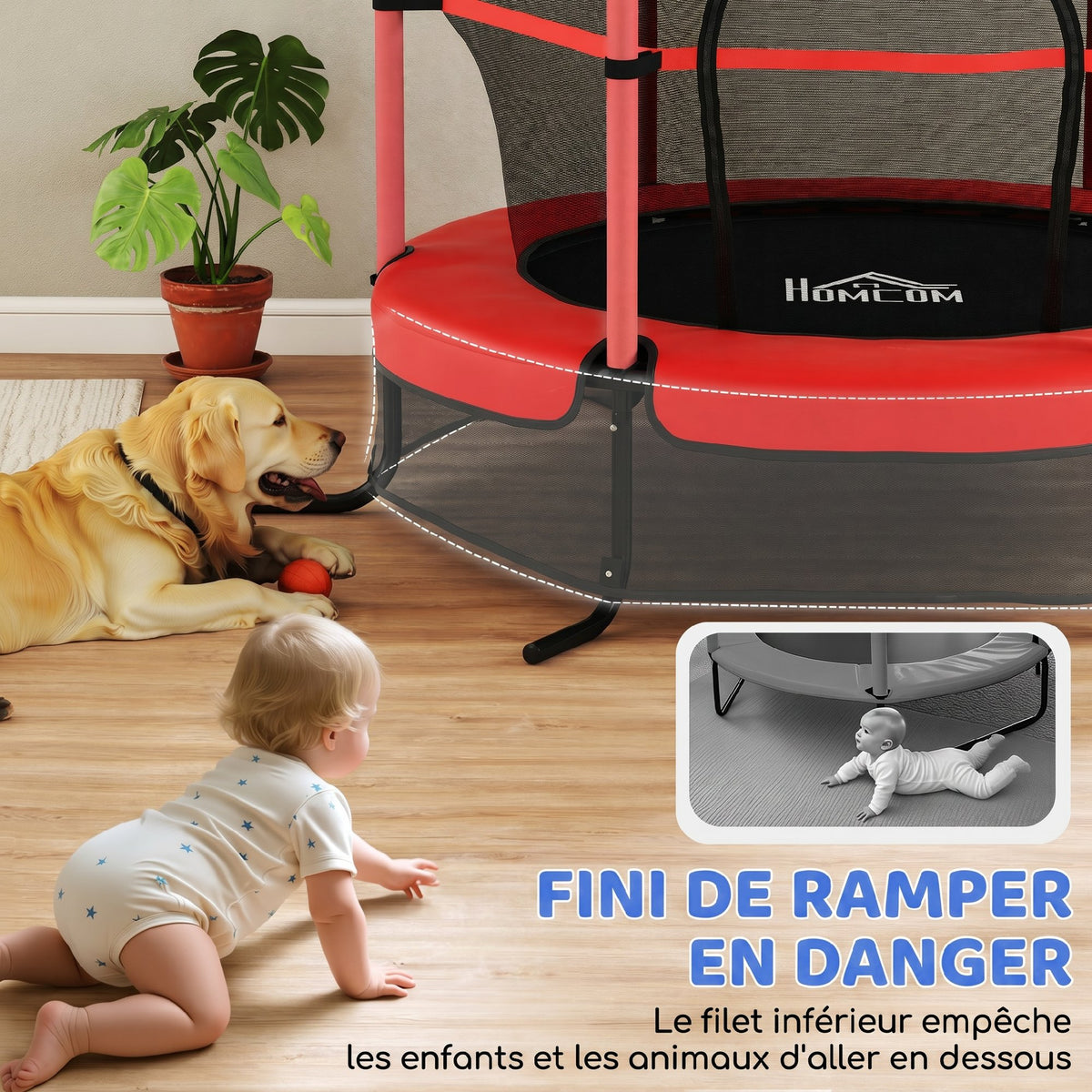 Trampoline Enfant Ø 1,63 × 1,9H m Filet de sécurité Porte zipée Couvre-Ressorts 6 poteaux rembourrés Inclus Rouge-4