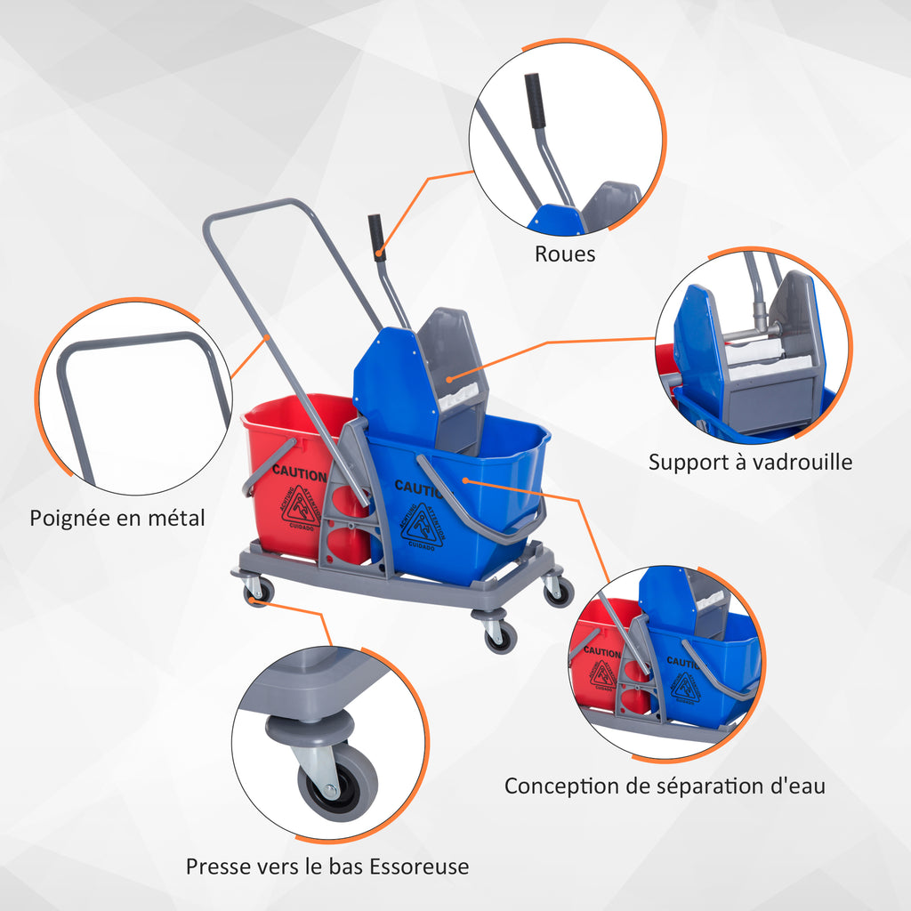 Chariot de lavage chariot de nettoyage professionnel presse à mâchoire 2 seaux 25 L 73L x 45l x 92H cm plastique gris bleu rouge-6