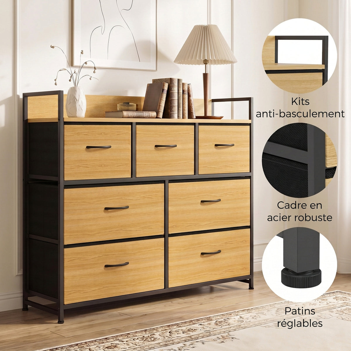 Commode 7 Tiroirs en Tissu Pliables, Commode Chambre Adulte avec Plateau Supérieur et Cadre en Acier, chêne-6