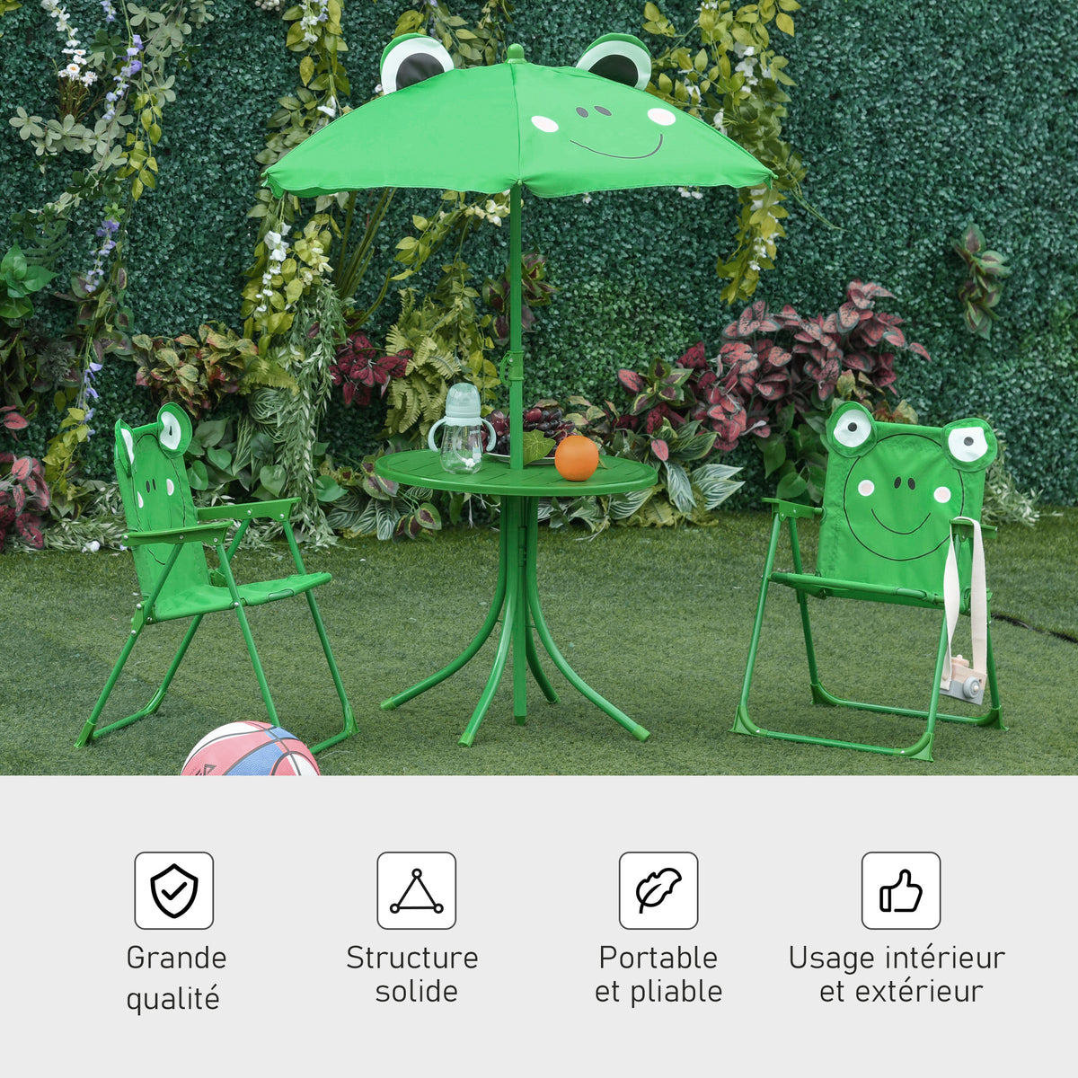 Ensemble Salon de Jardin Enfant 4 pcs Design Grenouille - Table Ronde + 2 chaises Pliables + Parasol - métal époxy Oxford Vert-3