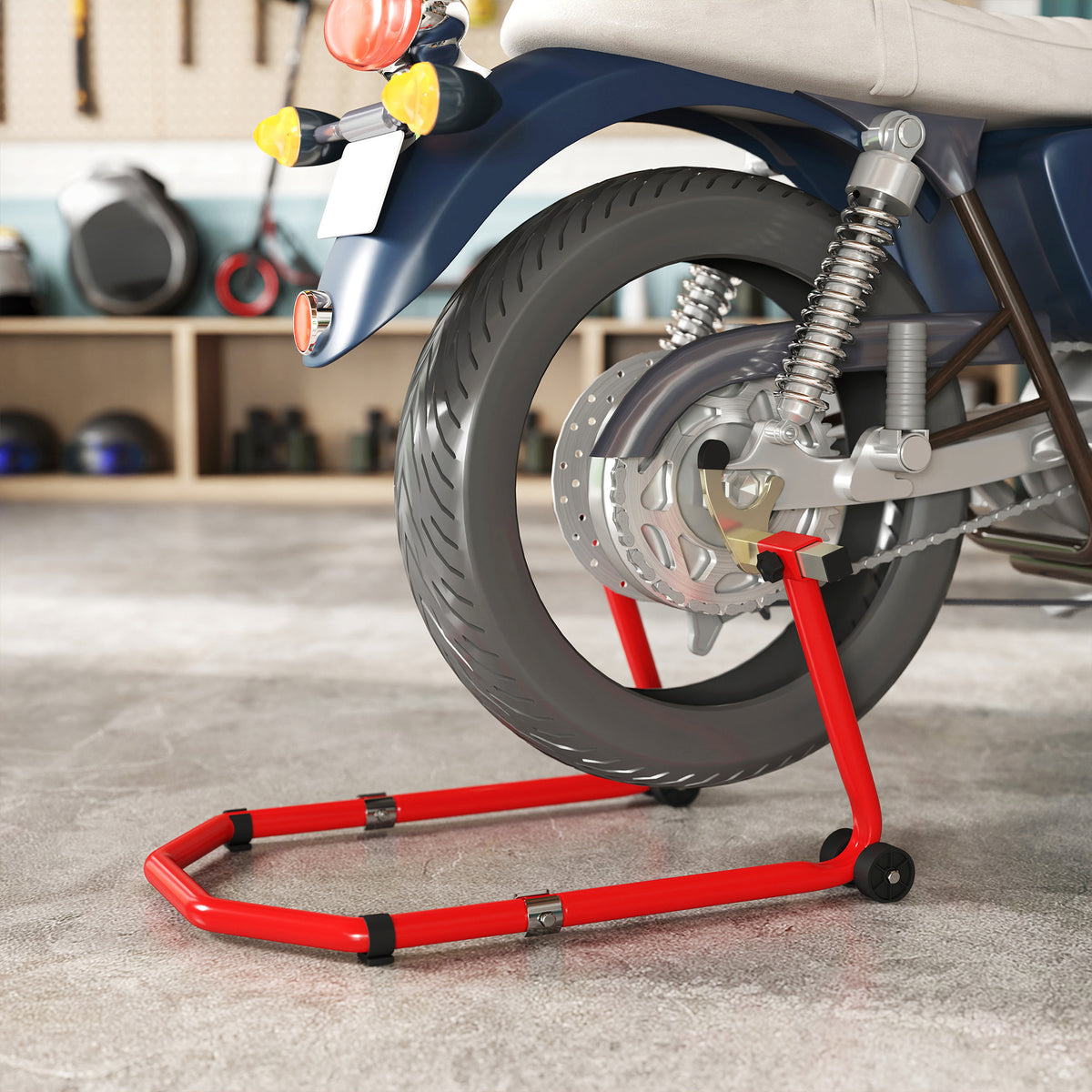 Béquille roue avant arrière charge 390kg béquille d'atelier moto bras réglable en acier, fourche en forme de U + L rouge-9