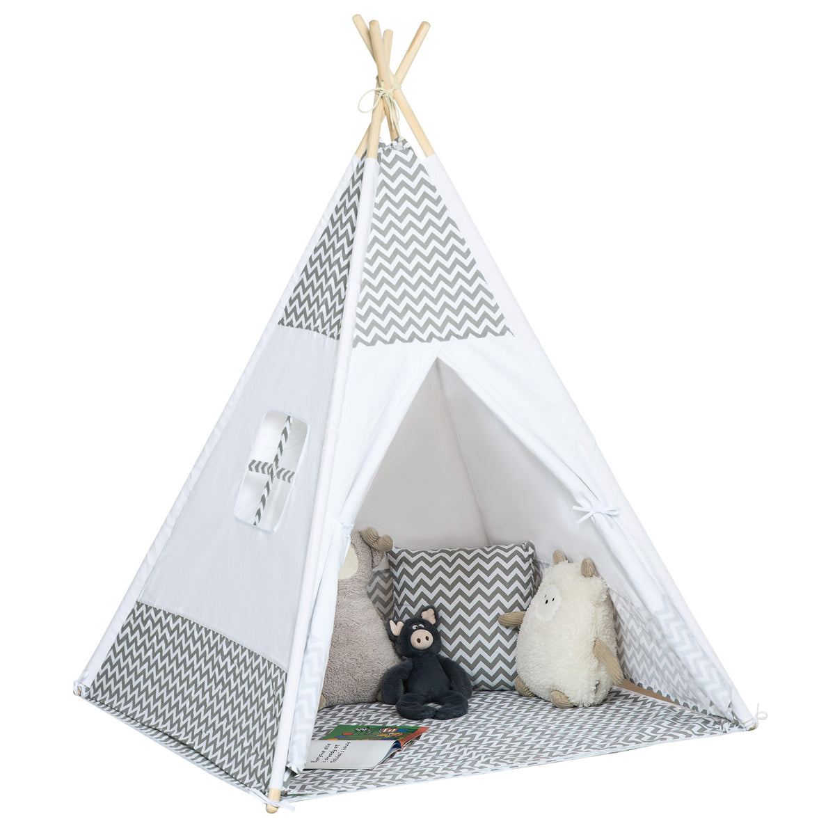 Tente Teepee Indien Tente de jeu pour Enfant Style Graphique - dim. 1,2L x 1,2I x 1,55H m - Porte refermable Fenêtre Tapis Coussin Sac Transport Inclus - à l'Intérieur à l'Extérieur Gris Blanc-0