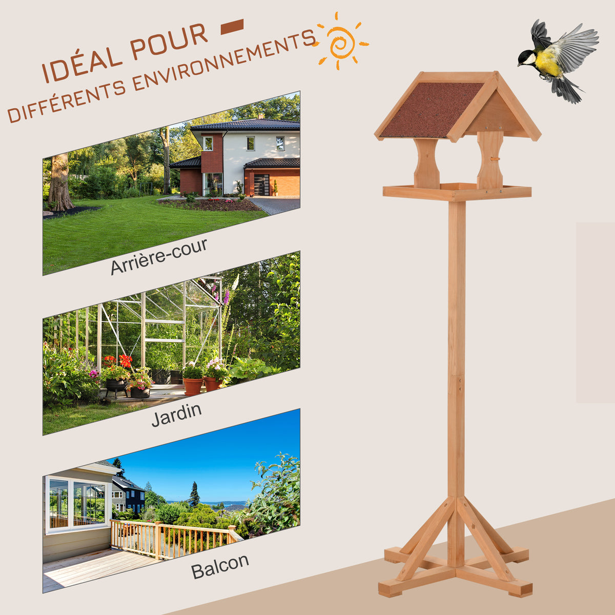 Mangeoire oiseaux extérieur sur pied, toit résistant aux intempéries, bois massif, 55 x 55 x 144 cm, bois naturel-3