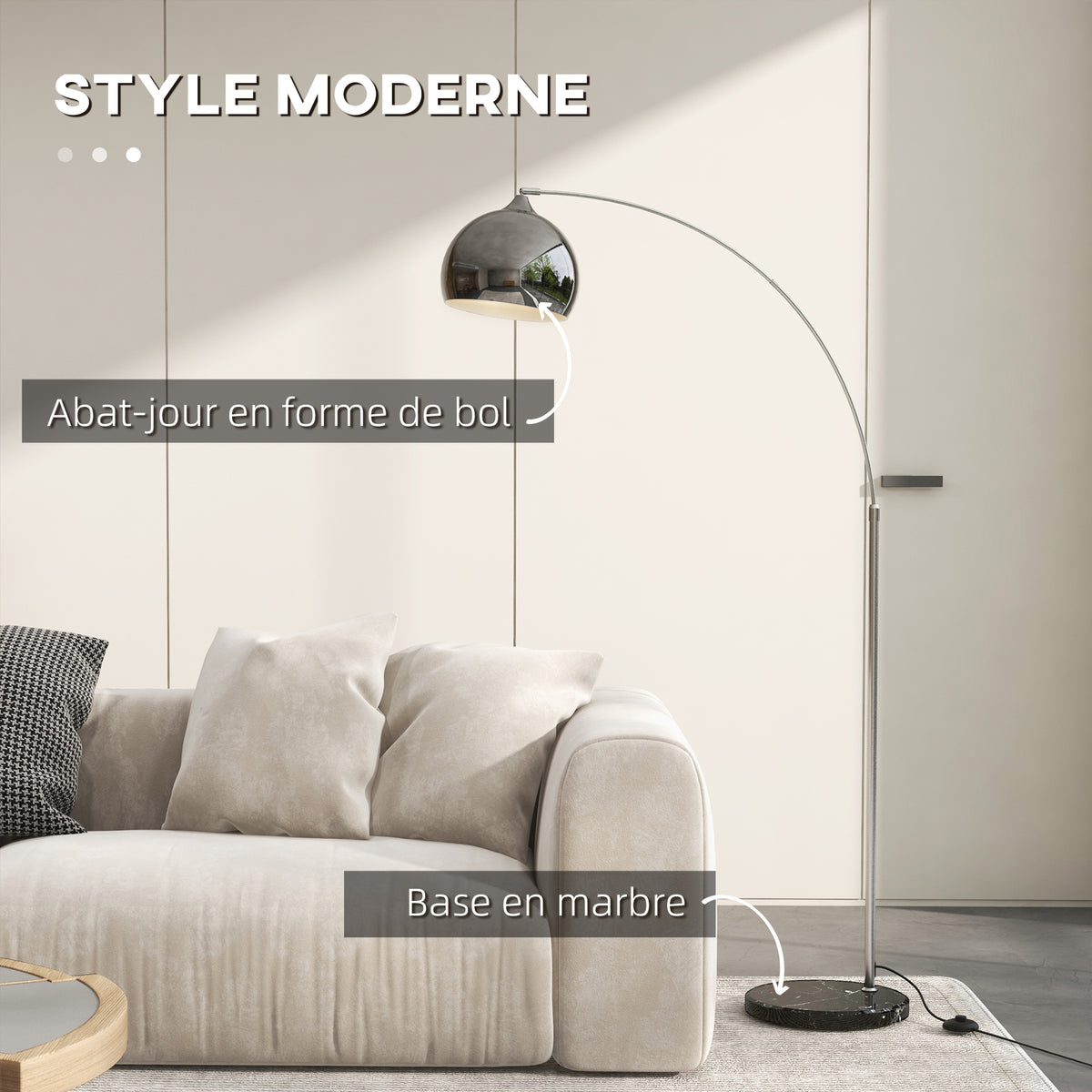 Lampadaire lampe de salon arc réglable pied marbre style vintage 40W E27 dim. 100-115L x 30l x 170-180H cm noir gris-3