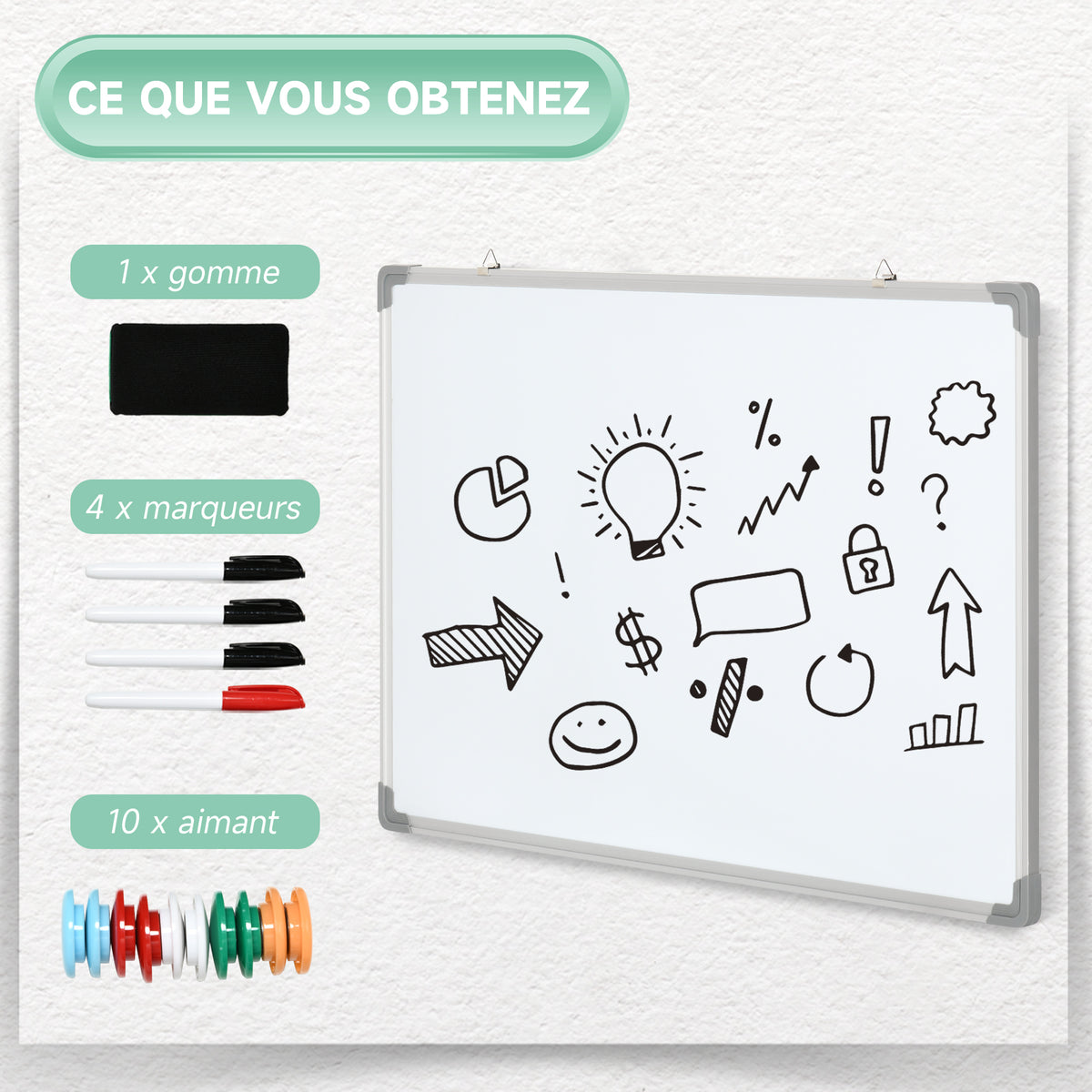 Tableau blanc magnétique cadre aluminium 90 x 60 cm avec feutres, effaceur et aimants-4