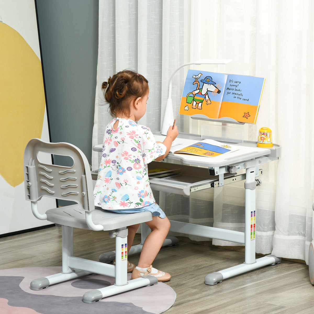 Ensemble chaise et bureau pour enfants avec lampe LED hauteur réglable plateau incliné support de lecture gris-1
