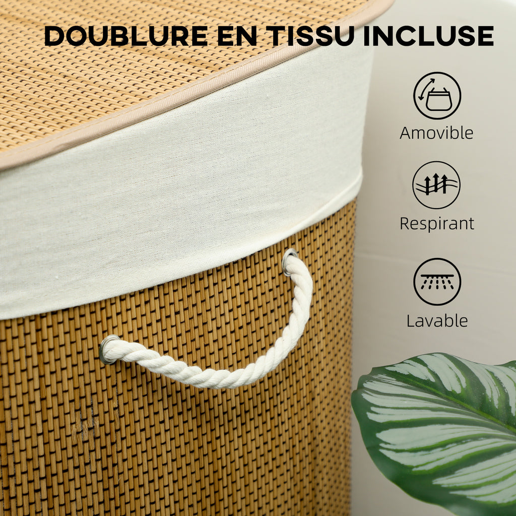 Panier à linge à trois compartiments avec couvercle, panier à linge en bambou 144 L avec poignées en corde-6