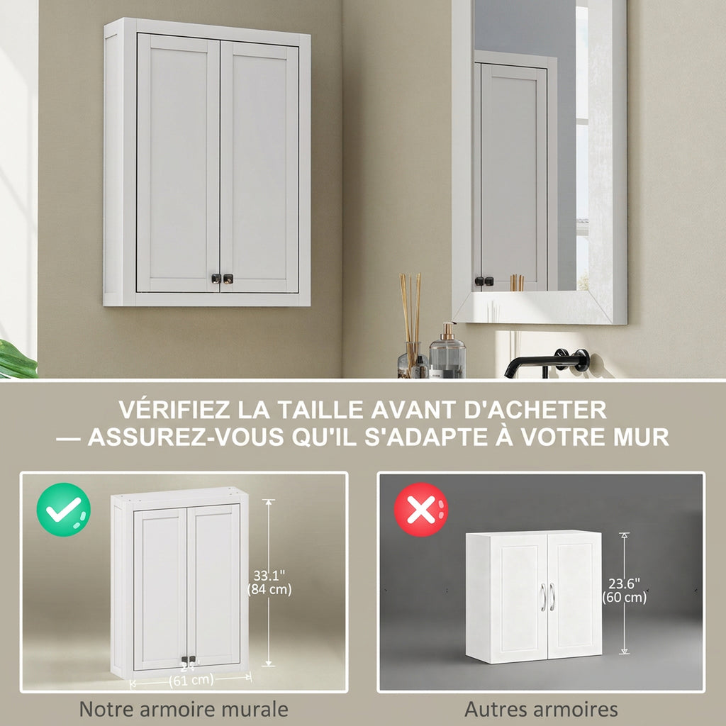 Armoire murale de salle de bain 3 niveaux, meuble de rangement suspendu  2 portes étagère réglable 61 x 20 x 84 cm blanc-3