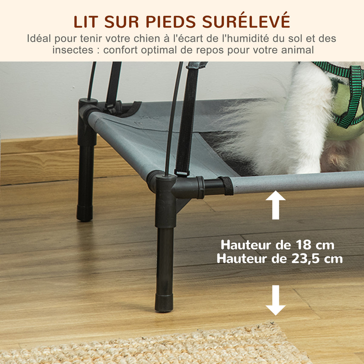Lit chien sureleve avec parasol, lit de camp chien chat sur pieds tissu Oxford respirant, anti-UV cadre en métal sac de transport inclus couchage extérieur pour chat 161 x 46 x 61 cm gris noir-3