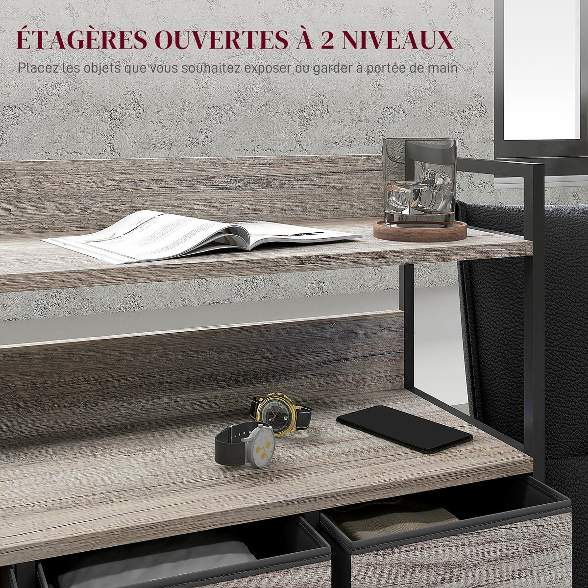 Meuble de rangement commode 7 tiroirs en tissu pliables et amovibles étagères ouvertes, gris-4