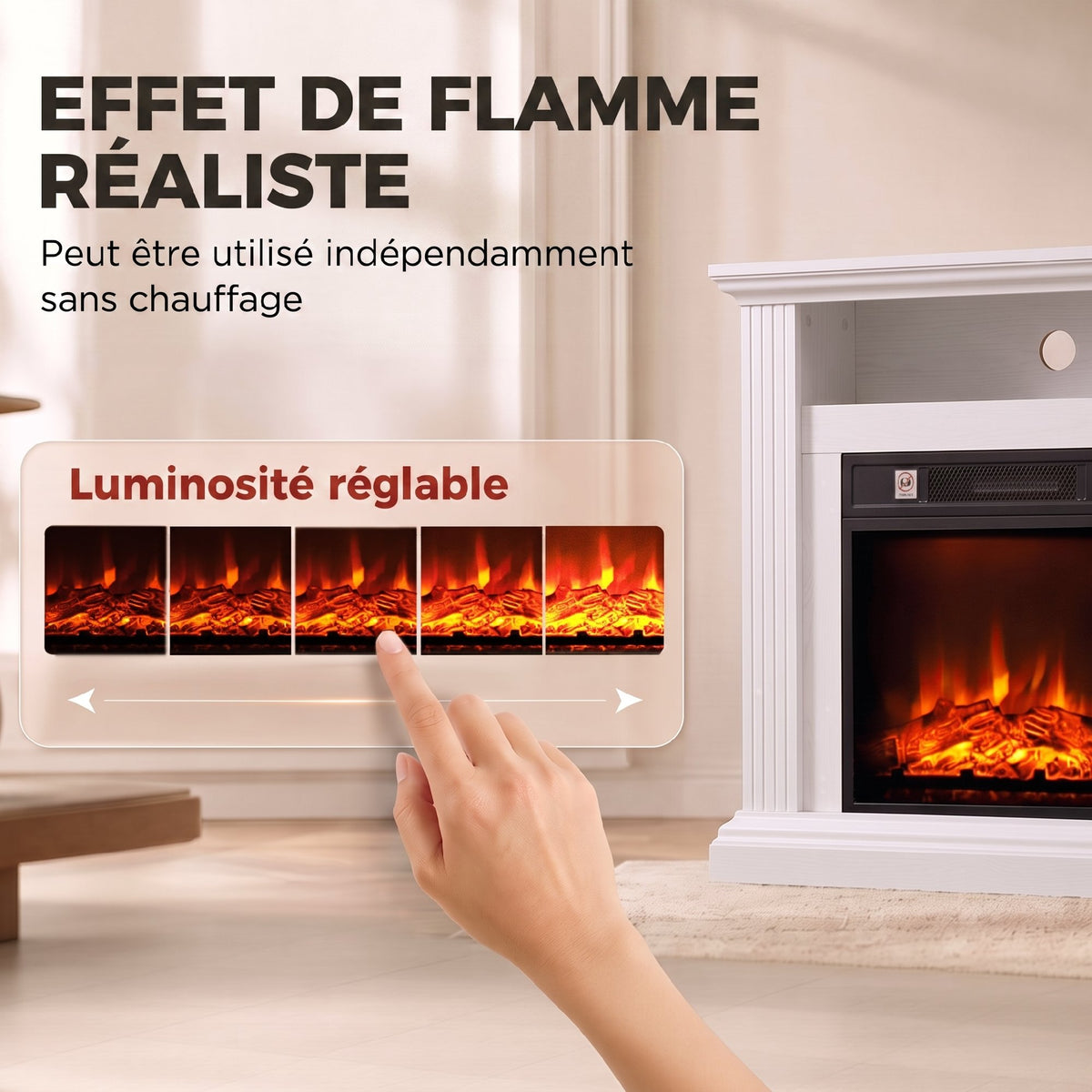Cheminée Électrique 1800 W, Effet Flamme à 3 Niveaux de Luminosité, Fausse Cheminée avec Manteau, Effet Bois Blanc-3