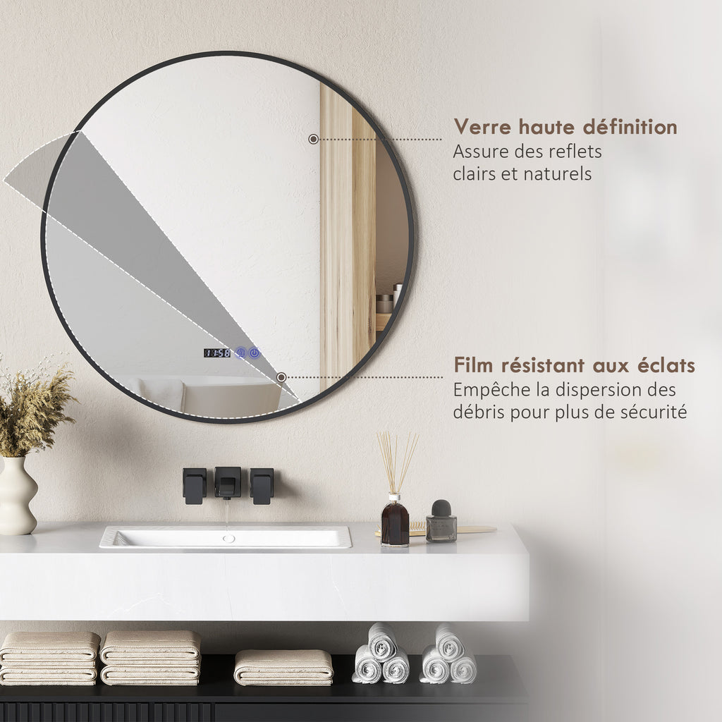 Miroir de salle de bain rond avec éclairage LED, intensité variable, fonction anti-buée, interrupteur tactile, noir-6