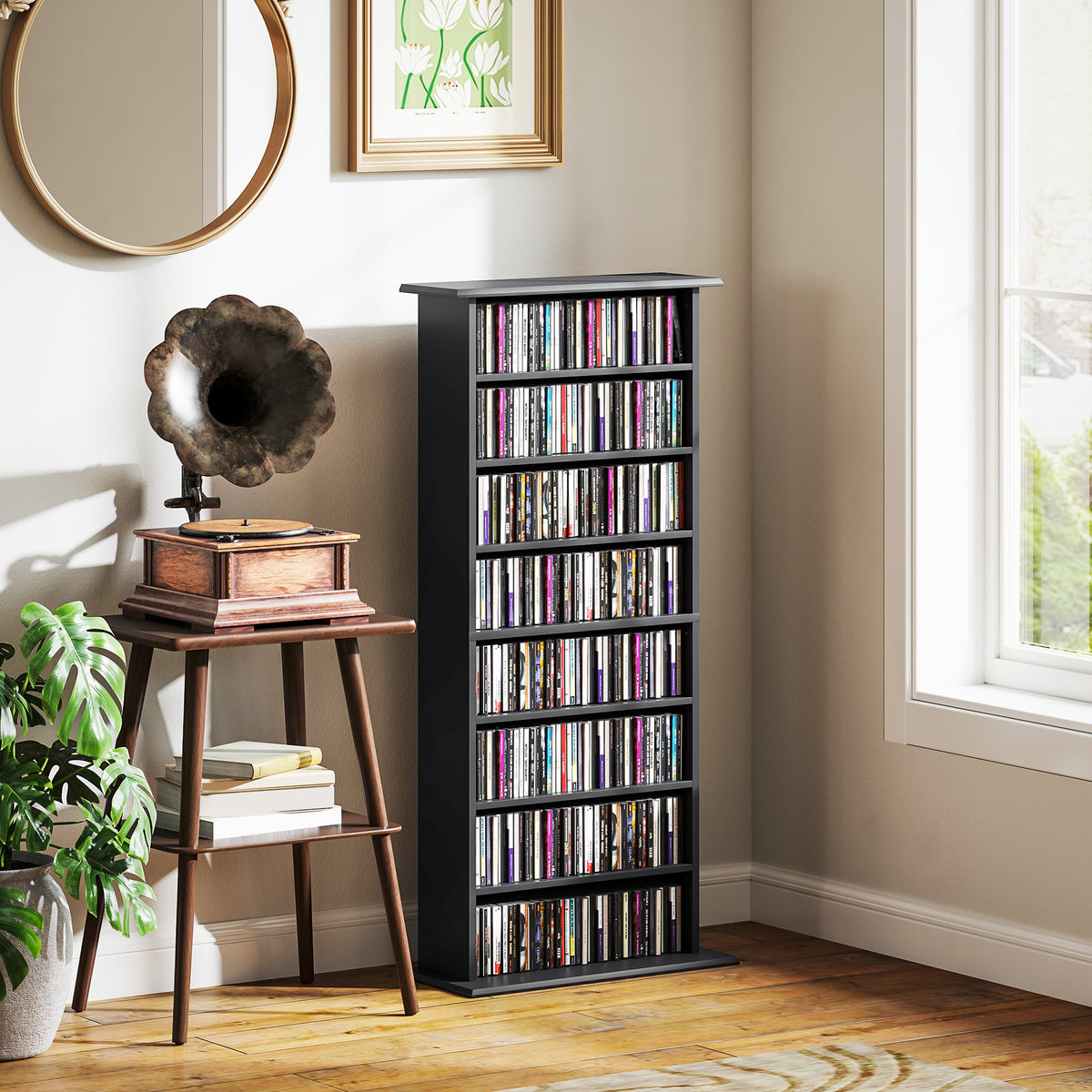 Rangements pour CD et DVD avec 8 compartiments et 6 étagères réglables, capacité max. 360 CD/185 DVD et Blu-ray, noir-1