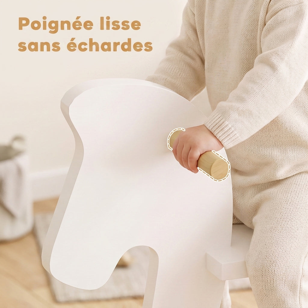 Cheval à Bascule en Bois - Jeu à Bascule Avec Poignées, Repose-Pied et Butées - MDF Contreplaqué Blanc et Bois Naturel-5