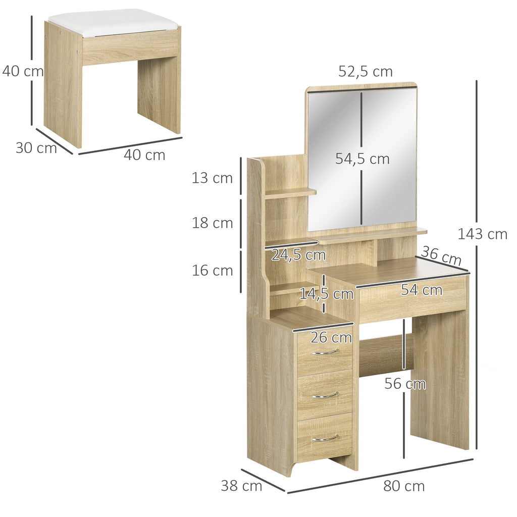 Ensemble de coiffeuse table de maquillage avec tabouret rembourré grand miroir + plusieurs étagères ouvertes + 4 tiroirs bois naturel-2