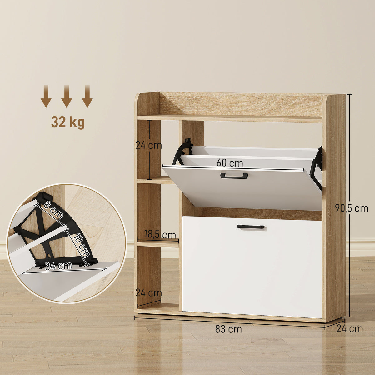 Meuble à chaussures 15 paires, armoire à chaussures moderne avec 2 tiroirs rabattables, 83x24x90,5cm, effet bois naturel-2