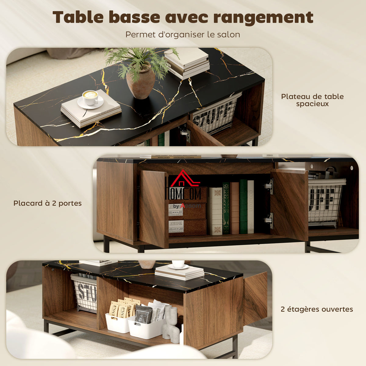 Table basse, table de salon, plateau effet marbre, 2 portes et 2 niches ouvertes, 100 x 50,8 x 45,7 cm, noyer-3