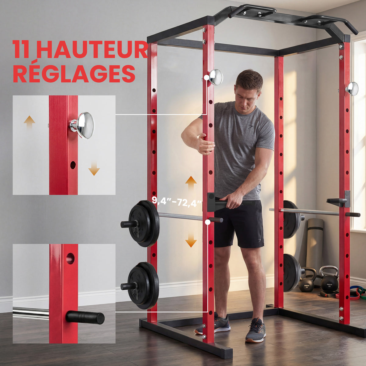 Station de Musculation Multifonction Acier Charge 460 kg, Barre de Traction, Rack de Squat, Dips, 160x112x215cm, Rouge-6