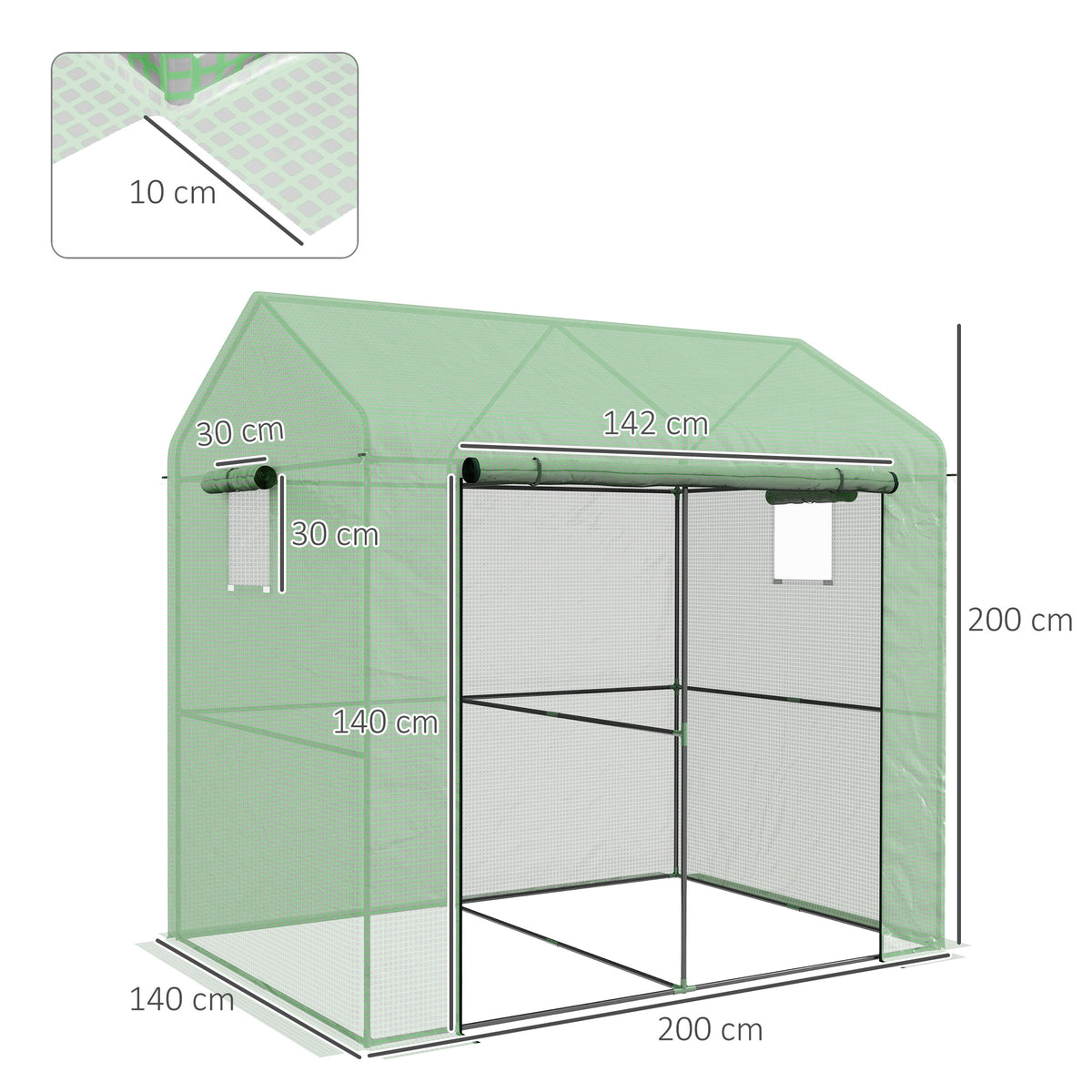 Serre de jardin 2,8m² avec 1 grande porte enroulable et 2 fenêtres, dim. 200L x 140l x 200H cm, vert-2