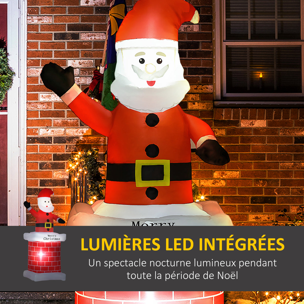 Père Noël gonflable avec cheminée lumineux LED hauteur 210 cm polyester imperméable rouge blanc noir-3