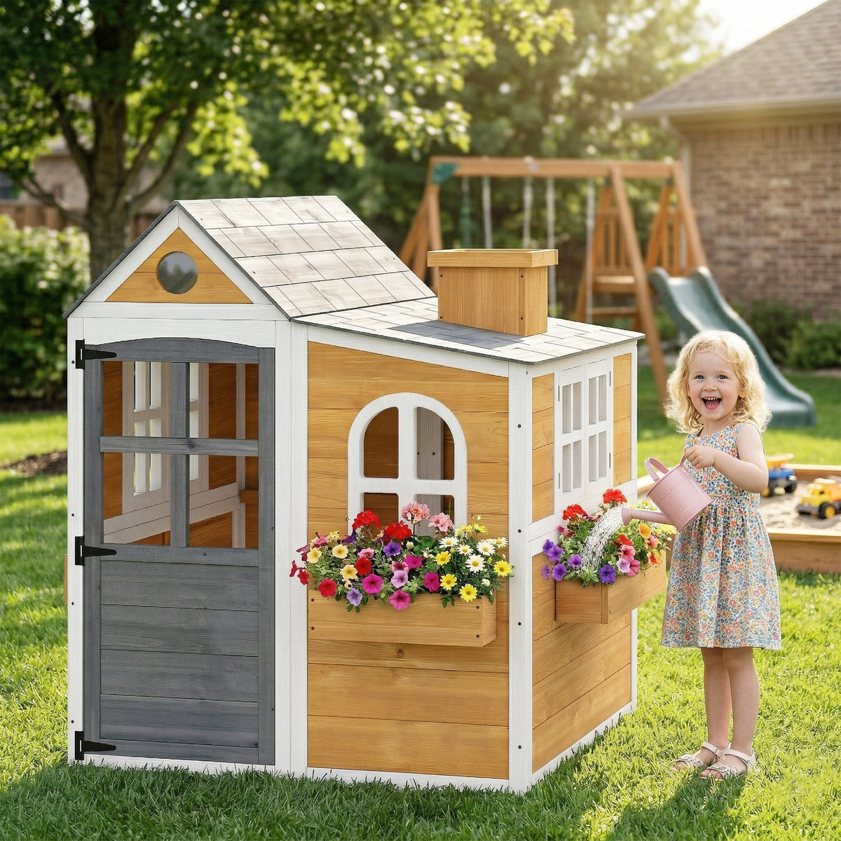 Cabane enfant extérieur en bois, maison enfant extérieure/intérieure avec porte, fenêtres, 3 bacs à fleurs, jaune-9