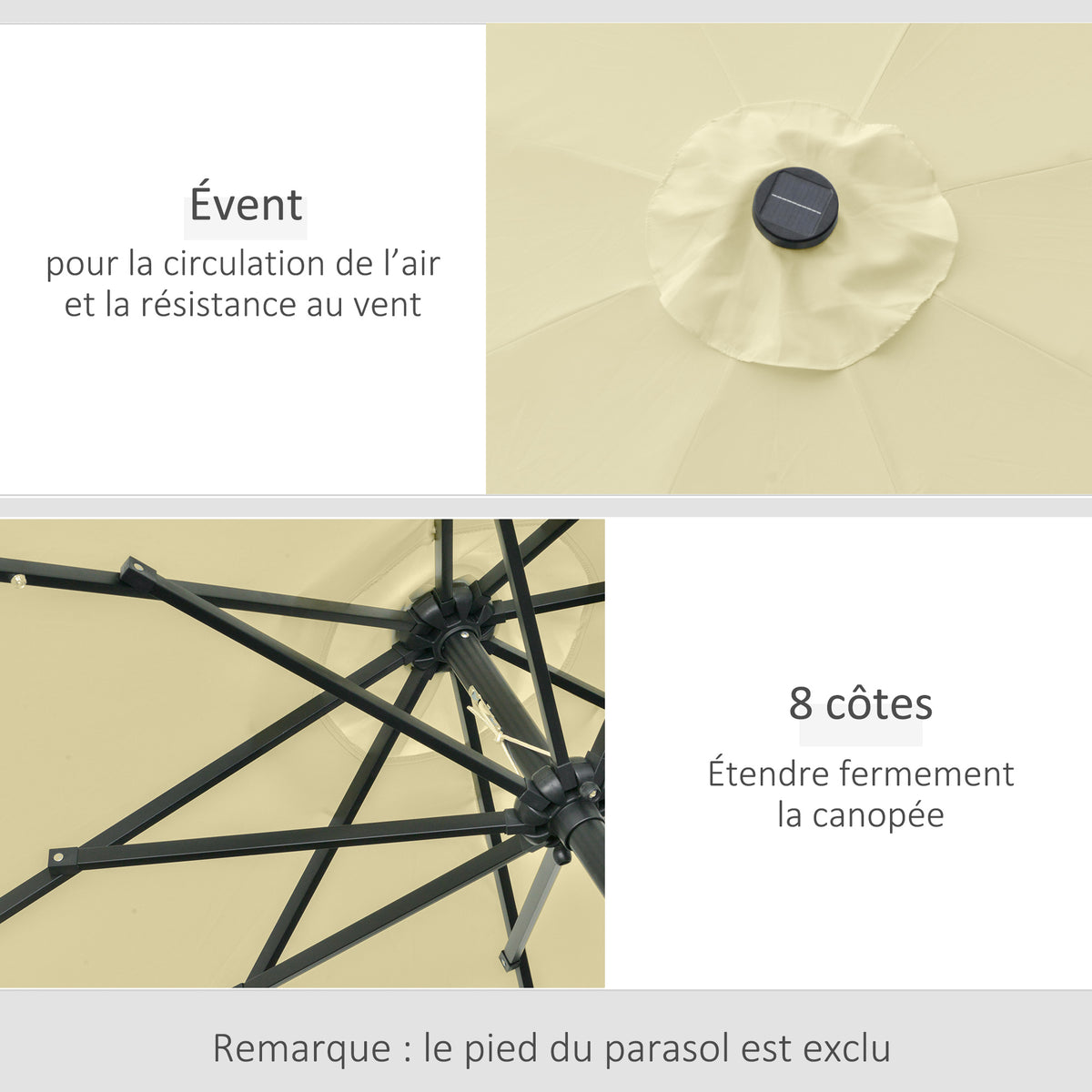 Parasol de Jardin Extérieur Rond Ø 265 cm, Lumières LED Solaires, Manivelle Inclinable, Mât en Acier, 8 Baleines, Beige-4