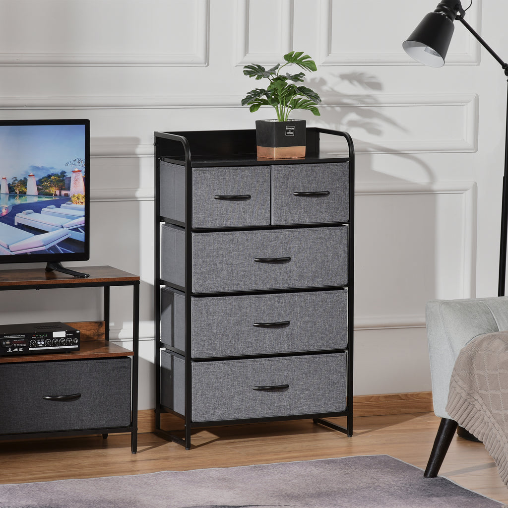 Commode Meuble de Rangement 5 tiroirs Pliables en Tissu 58 x 29 x 99 cm Gris-1