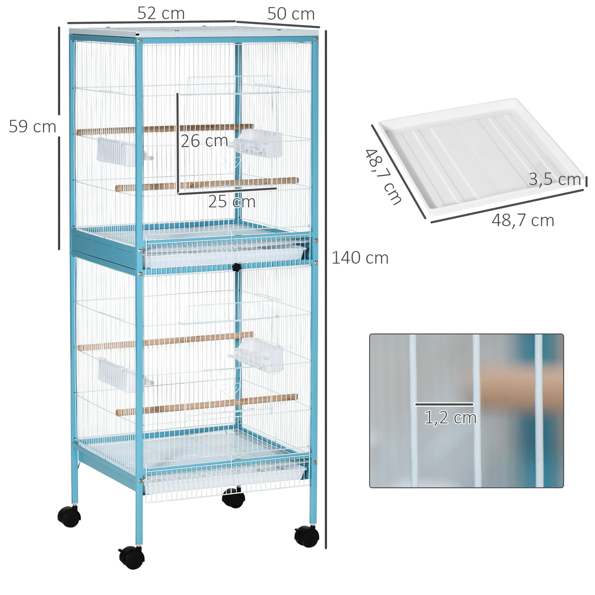 Grande Cage à Oiseaux sur Pied Double avec Mangeoires Perchoirs Plateau Amovible Roulettes 51,5 x 50 x 140 cm Bleu Clair-2