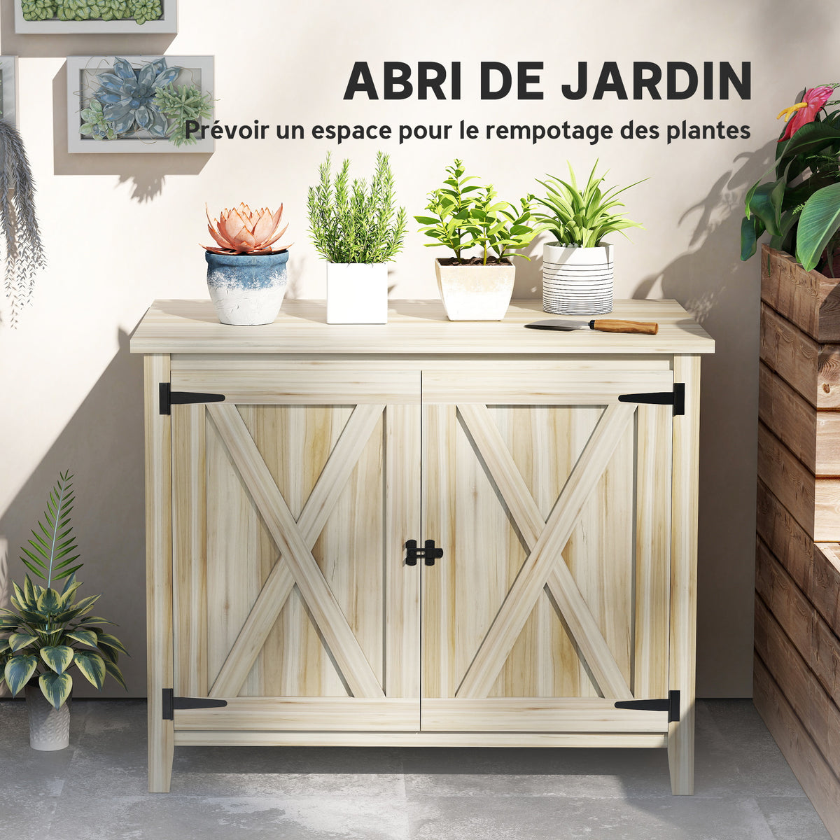 Armoire de jardin en bois, placard de jardin en bois avec étagères et double portes, 110 x 60 x 88,5 cm, bois naturel-4