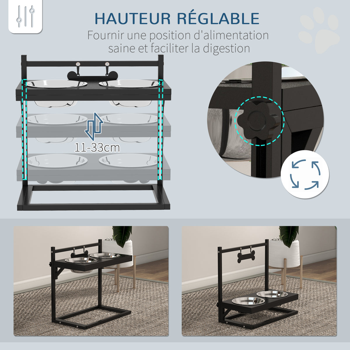Gamelles surrélevées chien avec support réglable en hauteur de 11 à 33 cm 2 bols en acier inoxydables amovibles noir-4