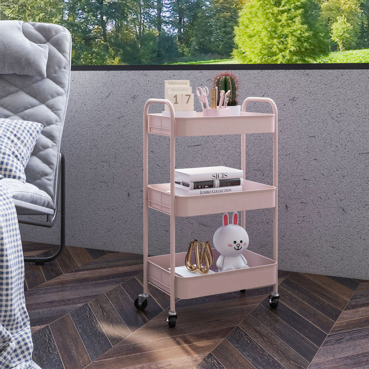 Desserte chariot de rangement en acier chariot de service à roulettes 3 plateaux ajourés 45 x 30,6 x 79 cm rose-6