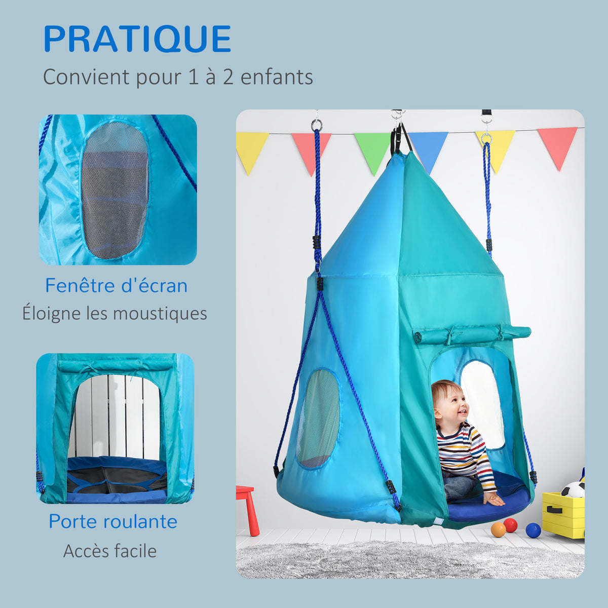 Balançoire nid d'oiseau avec tente amovible Ø 100 cm charge max. 150 Kg corde réglable en hauteur 120 à 180 cm bleu-4