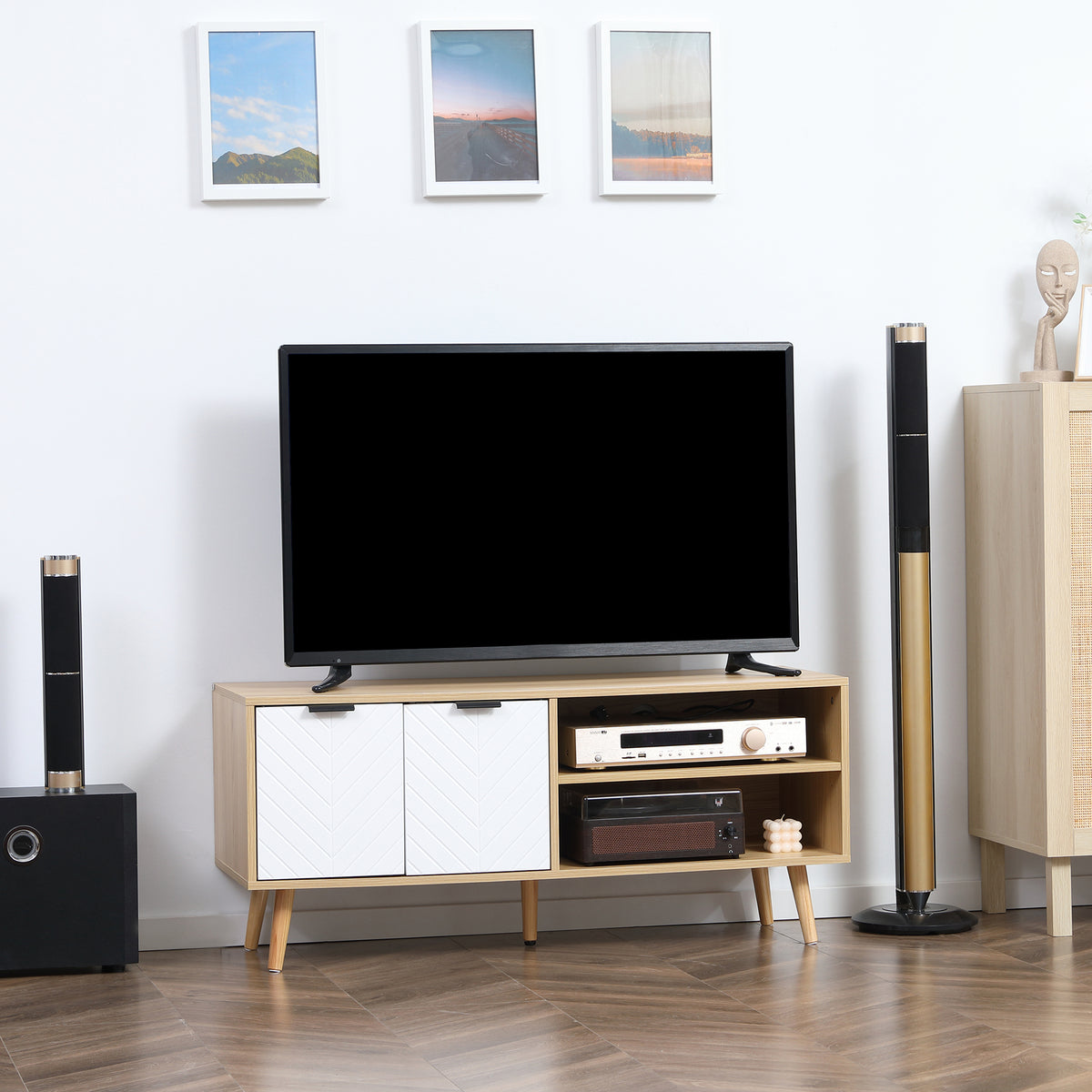 Meuble TV pour télévision jusqu'à 46 pouces design scandinave 2 portes 2 niches avec passe-câbles 110 x 39 x 48,8 cm-1