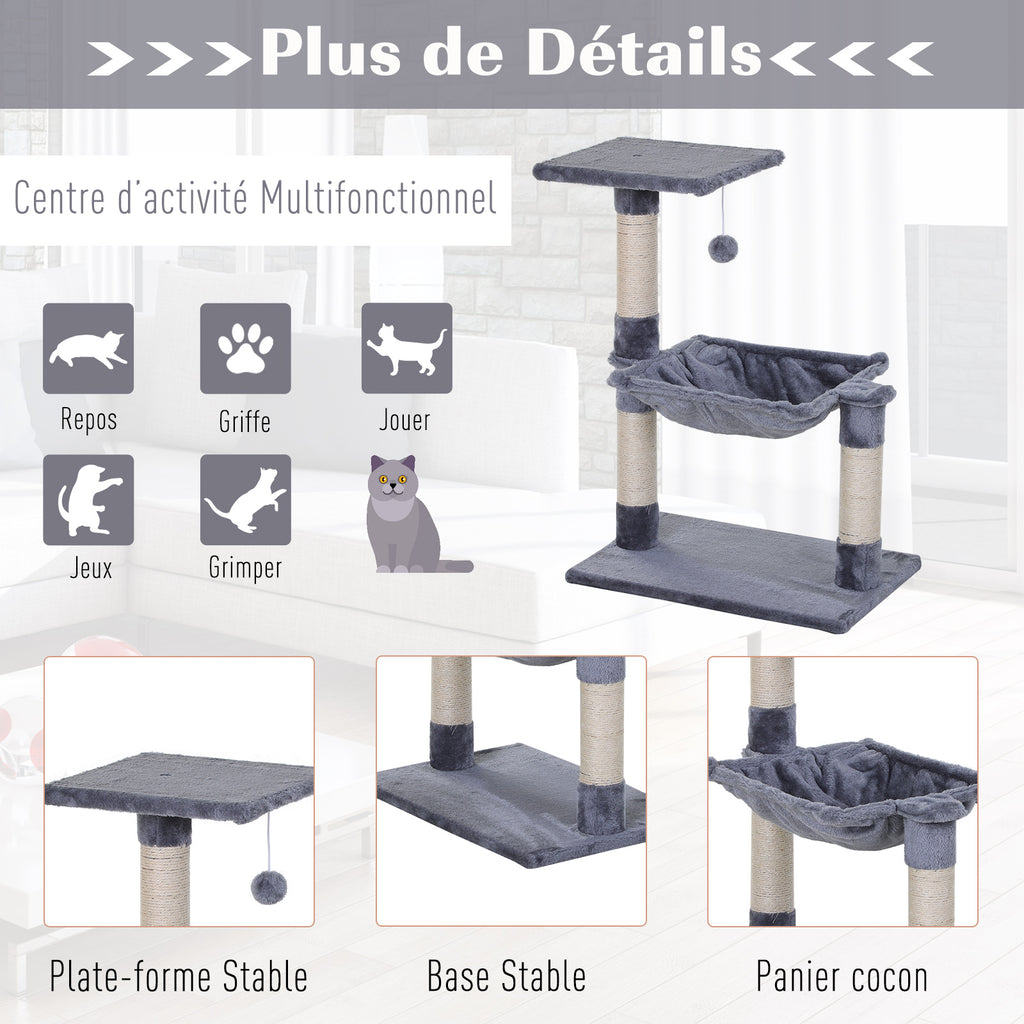 Arbre à chat 3 griffoirs grattoirs sisal naturel plateforme hamac et boule suspendue dim. 50L x 36l x 70H cm peluche courte gris-4