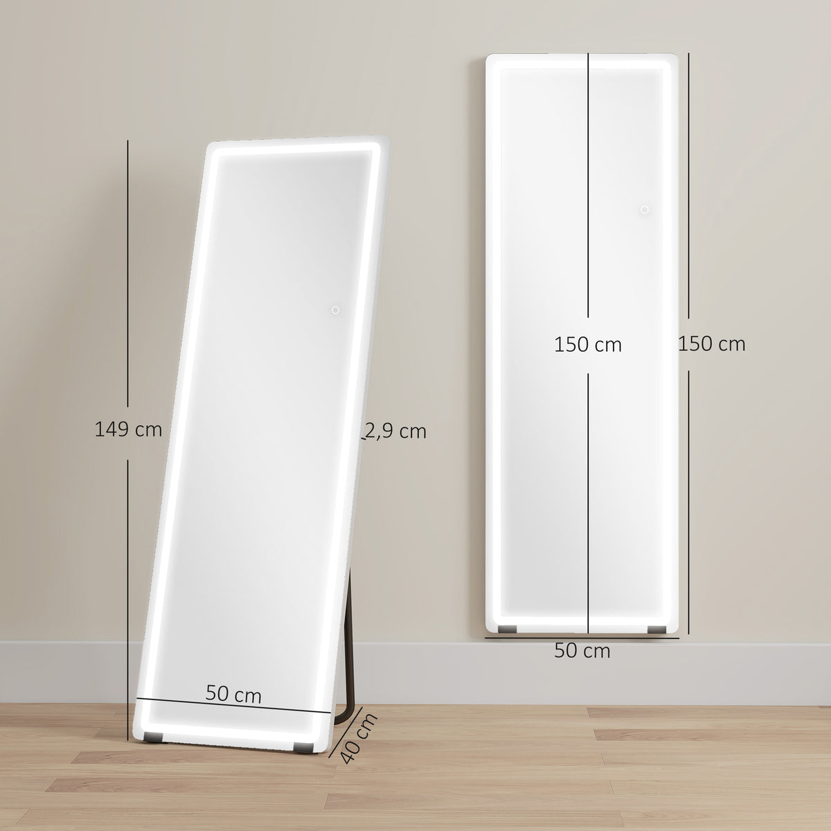 Miroir sur Pied avec LED 150 x 50 cm, 3 Couleurs, Dimmable, Fonction de Mémoire, Verre Trempé 4 mm, Transparent-2