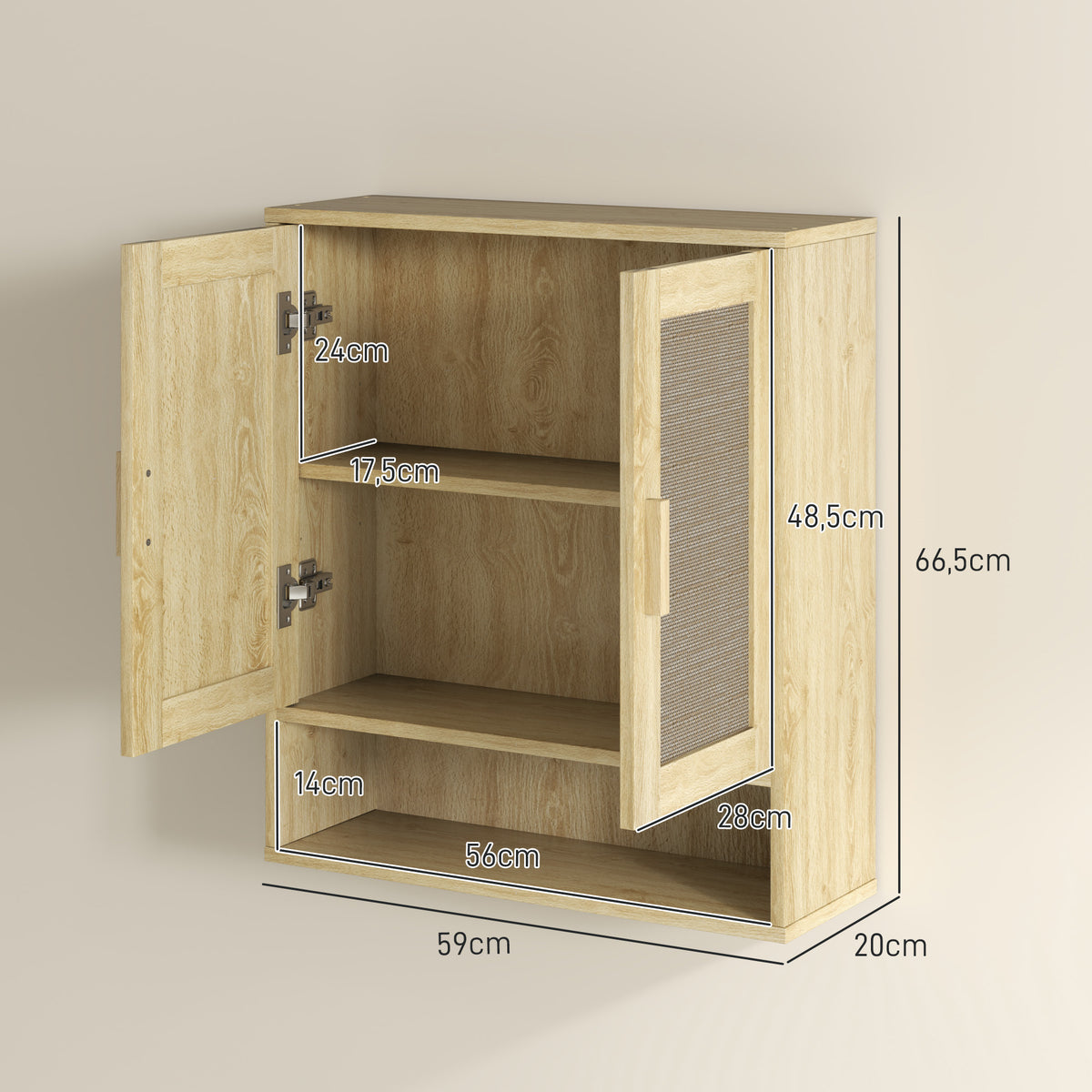 Meuble mural salle de bain meuble wc suspendu avec double porte et étagère ouverte 59 x 20 x 66,5 cm effet bois de chêne-2