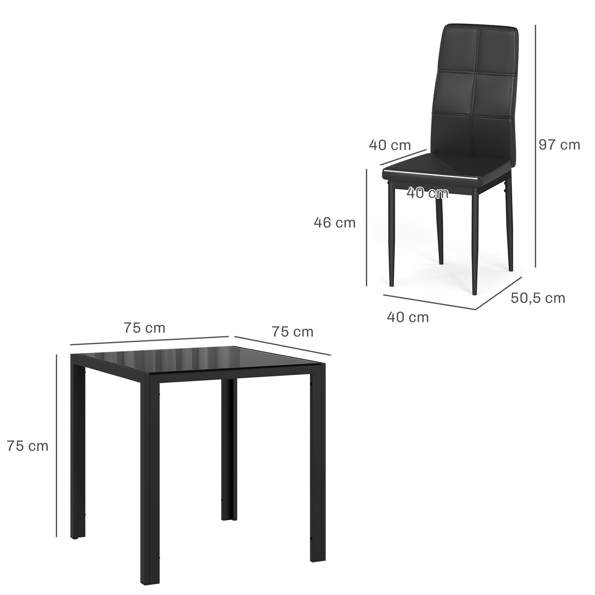 Ensemble table à manger et chaises pour 2 personnes, plateau rectangulaire en verre, pour cuisine salon maison, noir-2