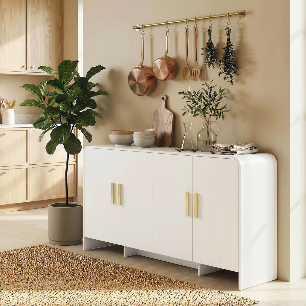 Buffet cuisine, meuble de rangement avec 4 portes à fermeture douce, 4 compartiments et bords arrondis, 152x40x80cm, blanc-8