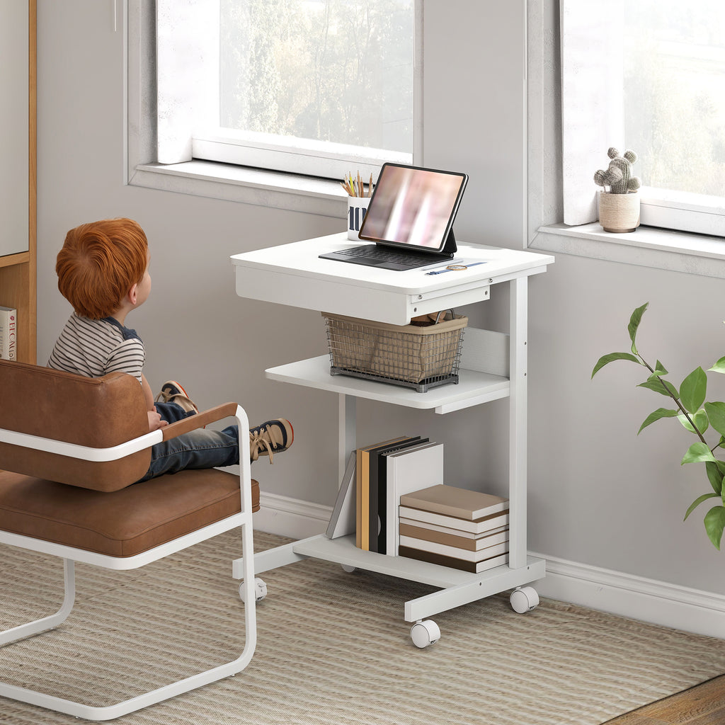 Bureau d'ordinateur sur roues, bureau avec rangement 56 x 51 cm avec tiroir, compartiment et support CPU, blanc-6