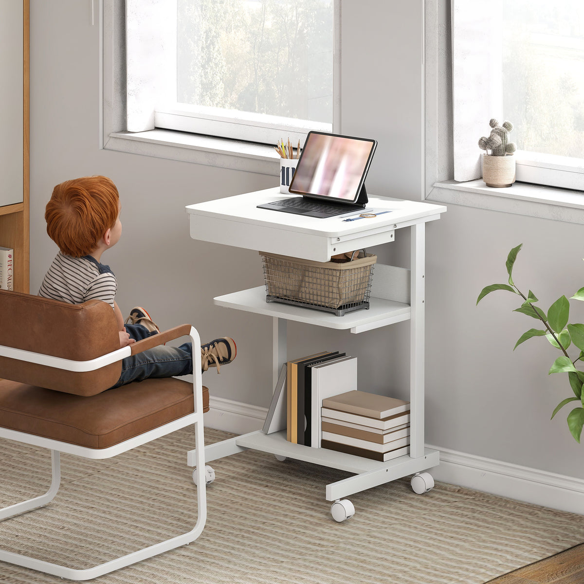 Bureau d'ordinateur sur roues, bureau avec rangement 56 x 51 cm avec tiroir, compartiment et support CPU, blanc-6