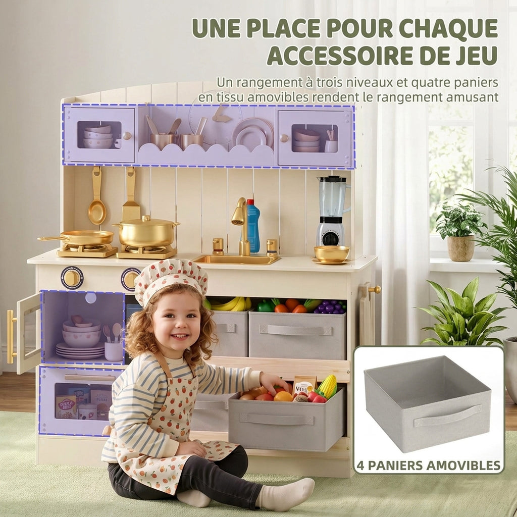 Cuisine Enfant, Cuisine en Bois Enfant Dinette, Effet Lumières et Sons, 4 Bacs en Tissu, 12 Accessoires, 3-6 Ans, Crème-6