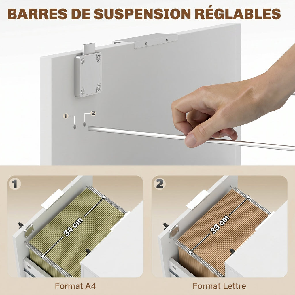 Caisson de bureau, meuble de rangement 2 tiroirs 2 barres pour dossier suspendu, verrouillable avec 2 clés 42x40x60 cm-4