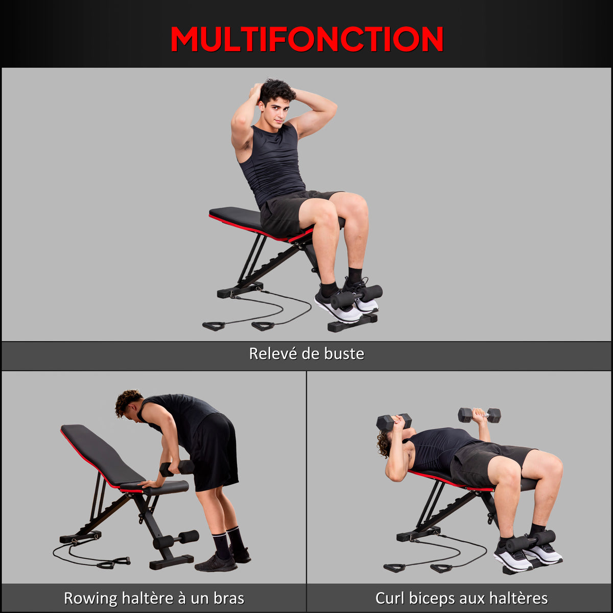 Banc de musculation pliable dossier réglable 6 niveaux assise ajutable 4 niveaux coussin 130 x 34 x 109 cm noir et rouge-4