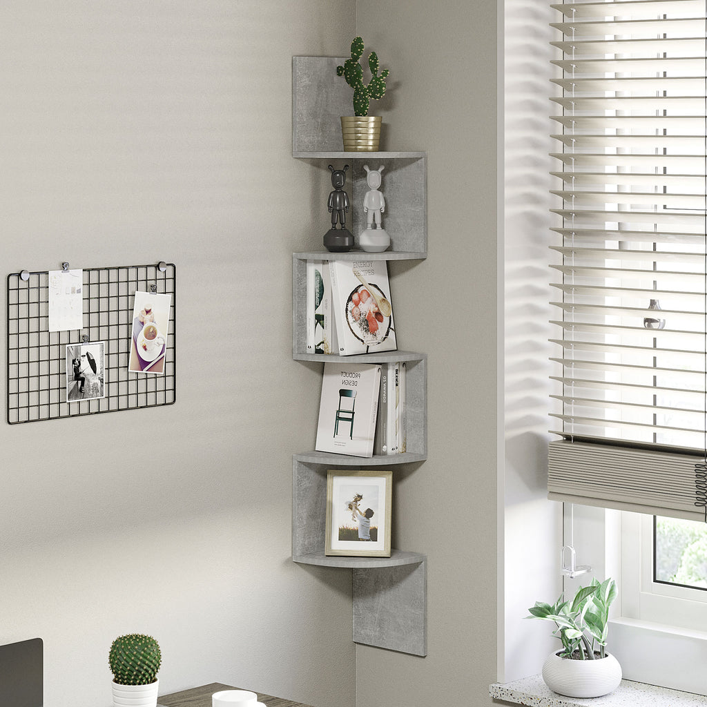 Étagère d'angle Murale de Rangement Forme Zigzag 20L x 20l x 126H cm 5 Niveaux Bois Gris-1