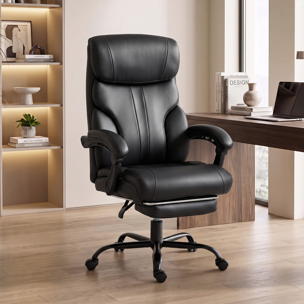 Chaise Bureau Ergonomique Inclinable, Fauteuil de Bureau en PU, Accoudoirs Synchronisés, Hauteur Réglable, Noir-1